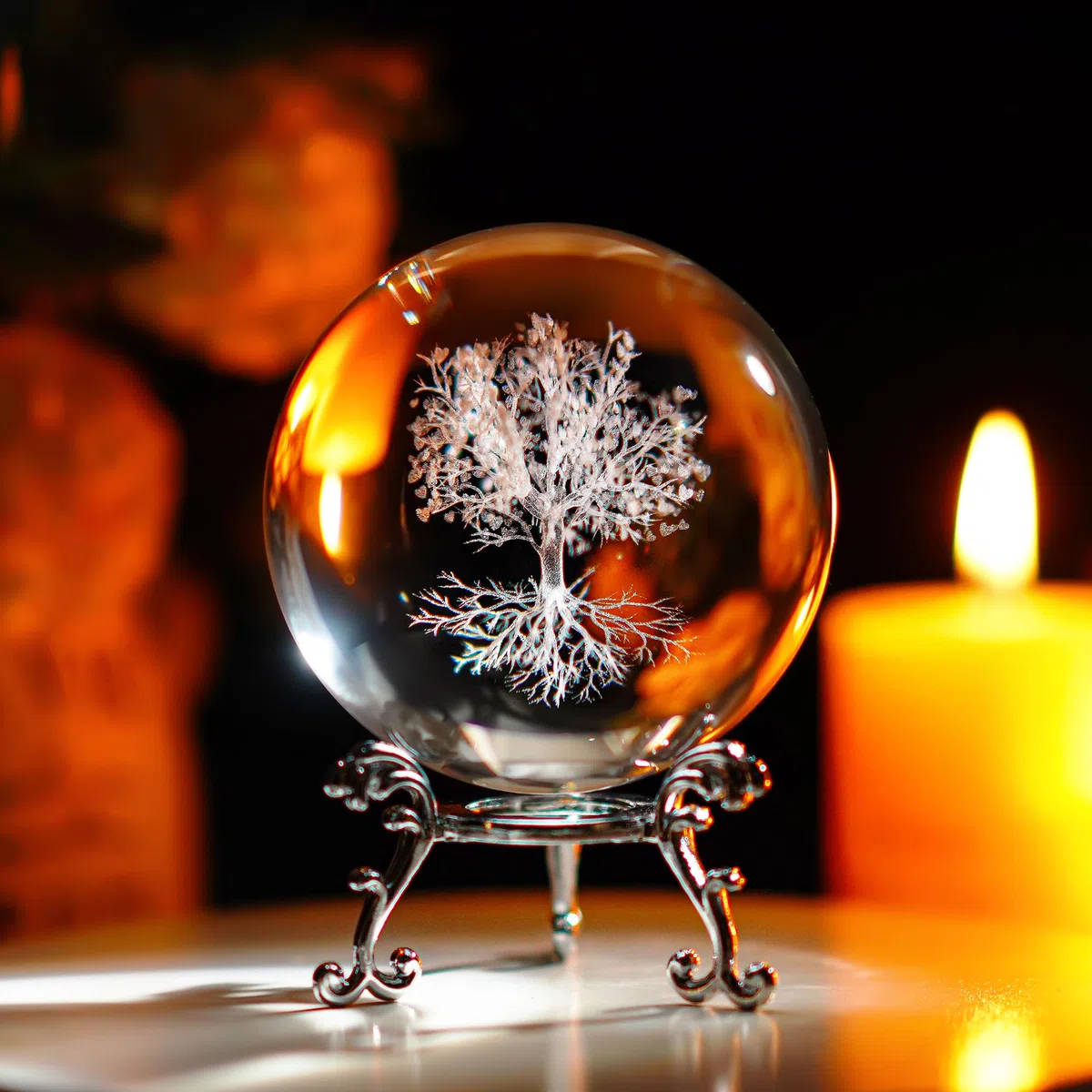 H&D HYALINE & DORA Sfera di cristallo dell'albero della vita da 70 mm con supporto, sfera decorativa in vetro K9, decorazione domestica 3D Laser Fengshui