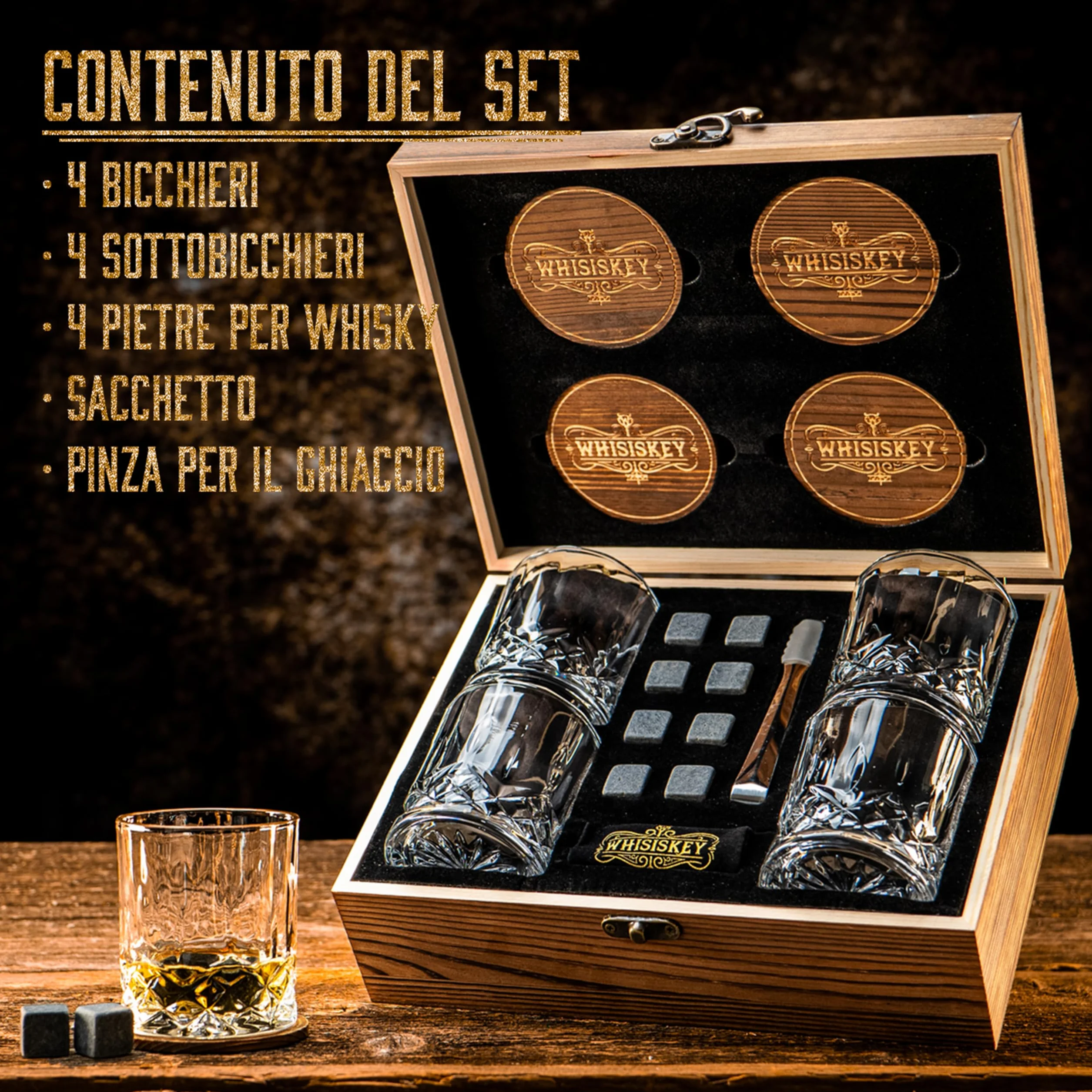Whisiskey Set Bicchieri da Whisky - Set Whisky Regalo - Idee Regalo Uomo Compleanno - Scatola Regalo, 4 Bicchieri da Whisky x 310ML, 8 Cubetti di Ghiaccio Riutilizzabili, Accessori