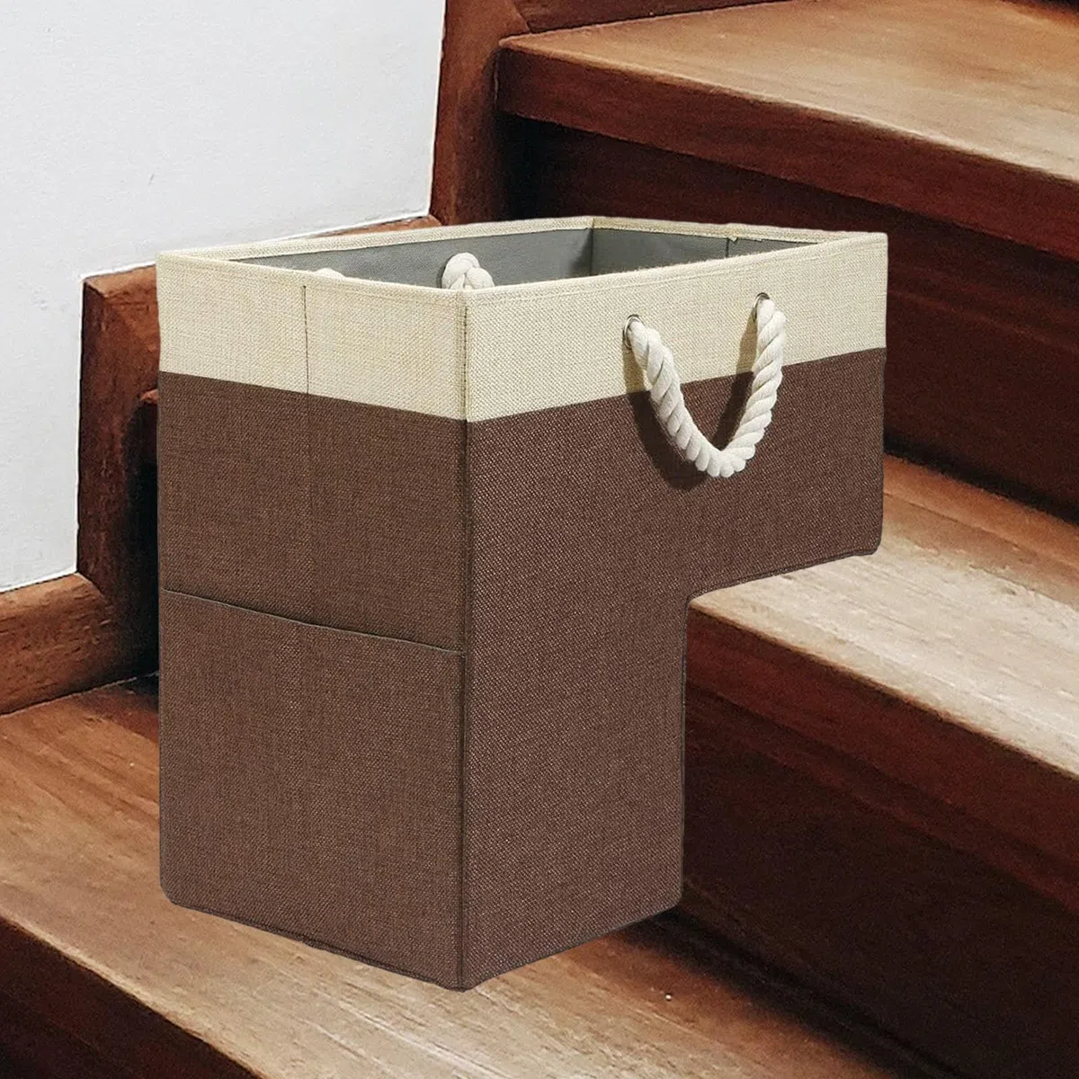 Cestini per Scale con Maniglie, Cestino per Scale Pieghevole Moderno, Marrone