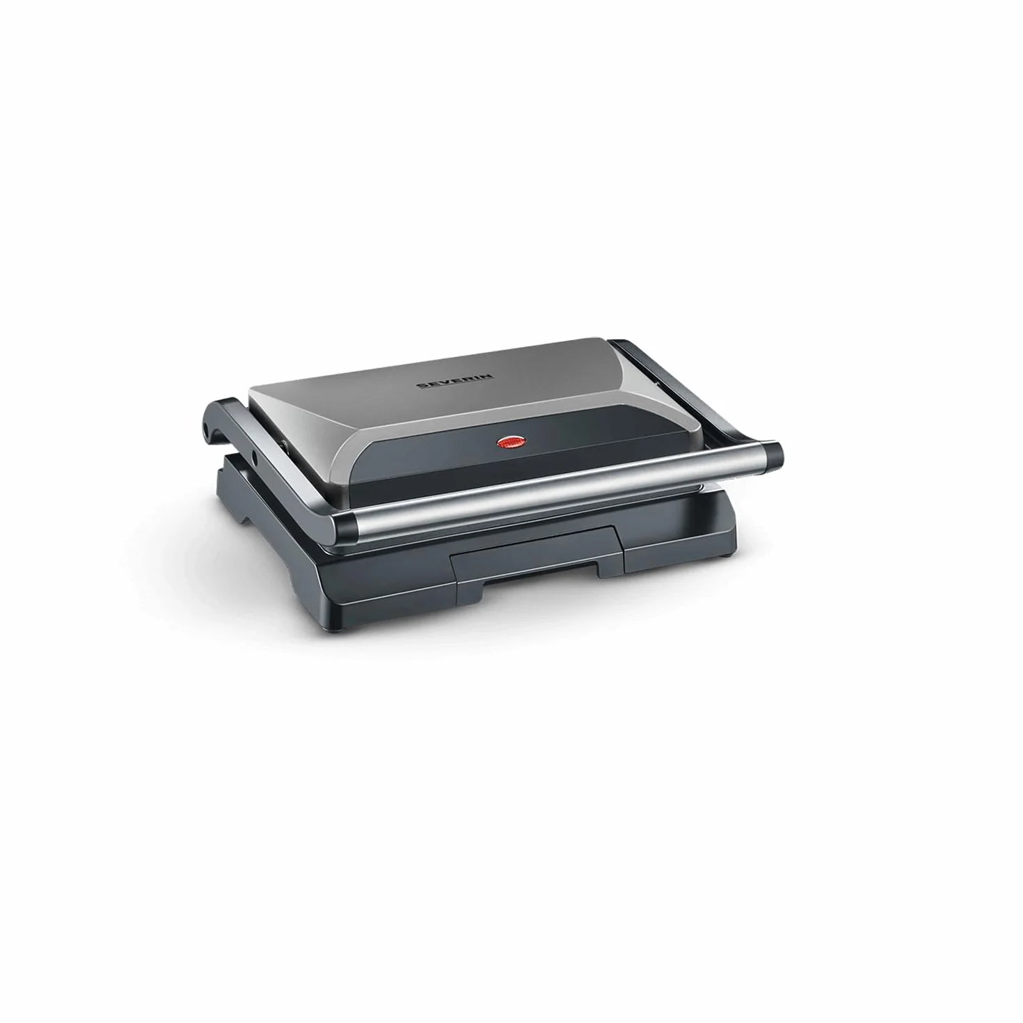 SEVERIN Bistecchiera Elettrica Compatta, 800W, Piastre Antiaderenti (23,0 x14,5 cm), Coperchio Basculante, Vassoio Removibile, Salvaspazio, 27,0 x 22,5 x 8,5 cm, Grigio Metallizzato - KG 2394
