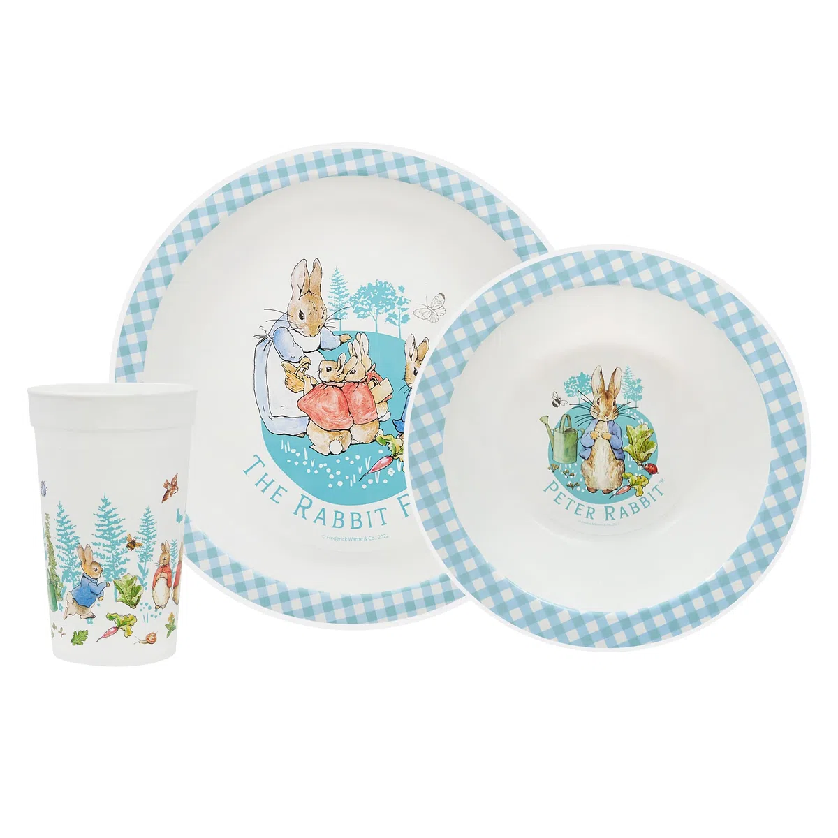 Peter Rabbit Set di stoviglie per bambini, 3 pezzi, con piatto, bicchiere e stoviglie riutilizzabili in polipropilene, per i pasti dai 24 mesi in su, blu e bianco