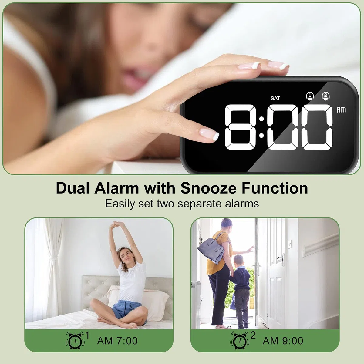 Sveglia Digitale, Sveglia da Comodino LED con 40 suonerie opzionali,Orologio a Specchio con Doppio Allarme, Funzione di Snooze,4 Livelli di luminosità, Sistema 12/24 Ore (Nero)