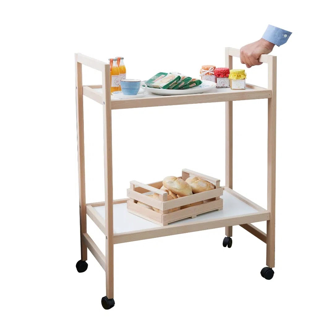 Carrello Multiuso, 2 Ripiani, 100% Legno Faggio, 34x60x83h cm, Con Rotelle, Made in Italy