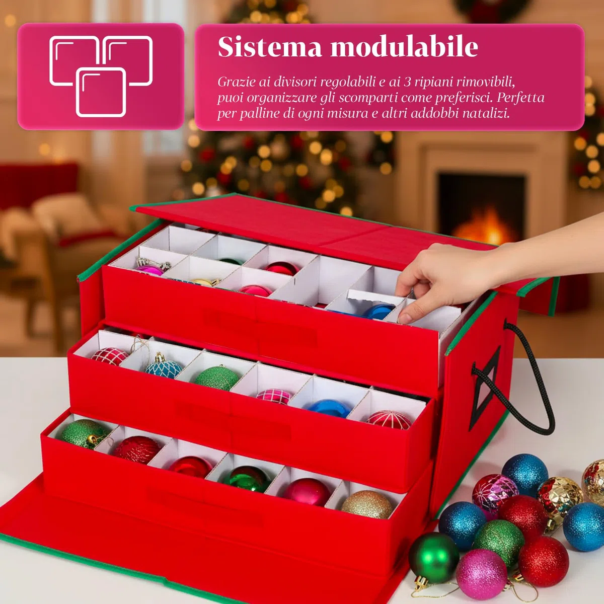 Wintem – Scatola Porta Addobbi di Natale con 3 Cassetti Estraibili per 72 Palline di Natale, Struttura Rigida in TNT 51x35x24 cm, Zip Robusta e Etichetta Trasparente per Conservazione Ordinata