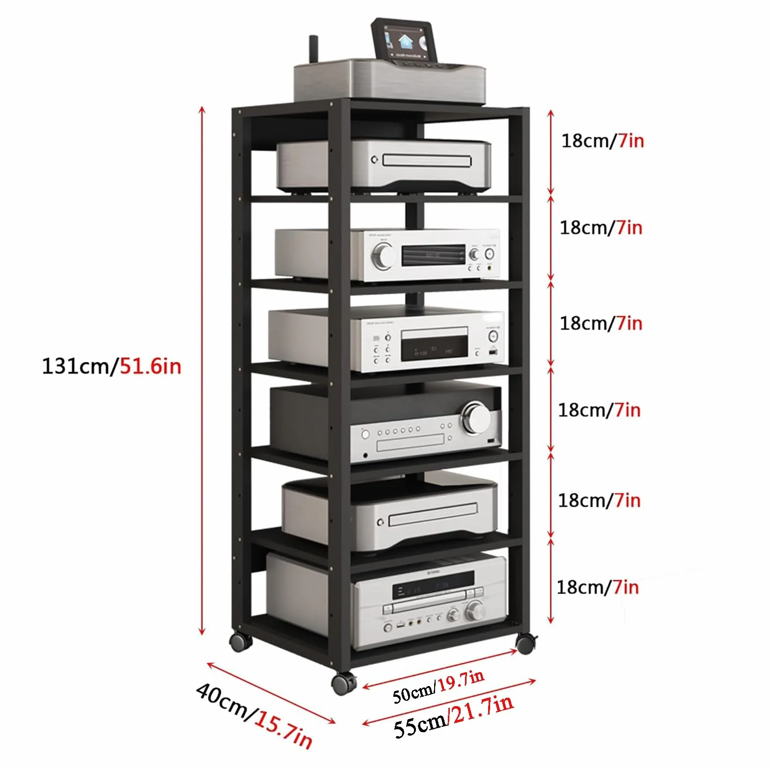 Mensola AV HiFi regolabile a 7 livelli, supporto multimediale video con ruote universali, rack audio mobile for soggiorno, camera da letto, studio(Nero)