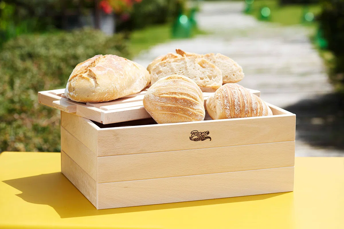 Porta Pane, Coperchio Tagliere + Cassettina Servi pane, Contenitore in Legno per Pane, Coperchio Tagliere Raccogli Briciole