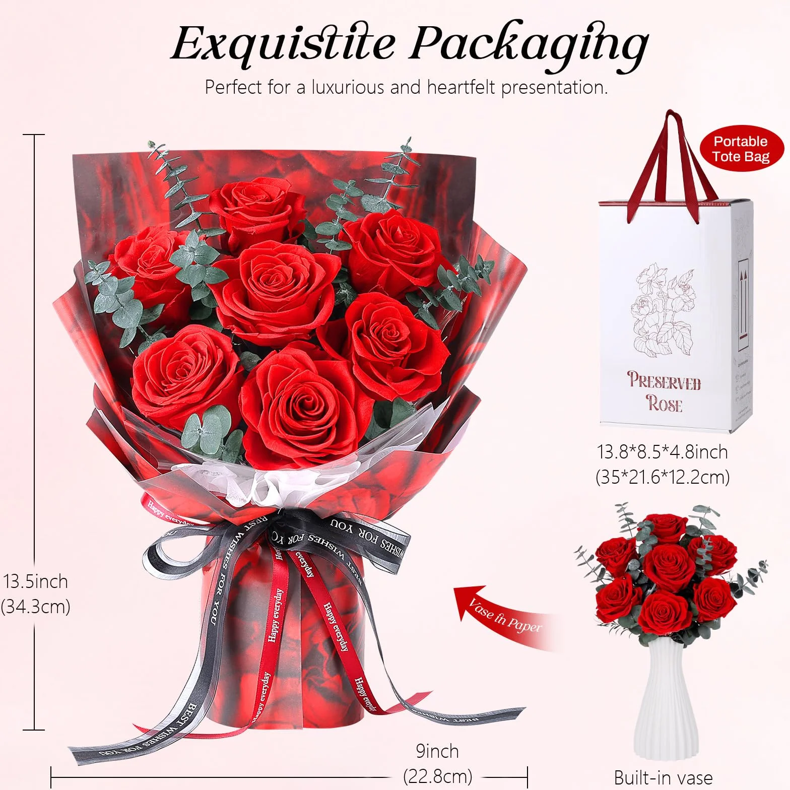 Bouquet di 7 Rose Rosse con Vaso, Rosa Stabilizzata, Fiori Eterni Conservati, Regali per Donna, Mamma, Moglie, Fidanzata, per Compleanno, Anniversario, San Valentino, Festa della Mamma