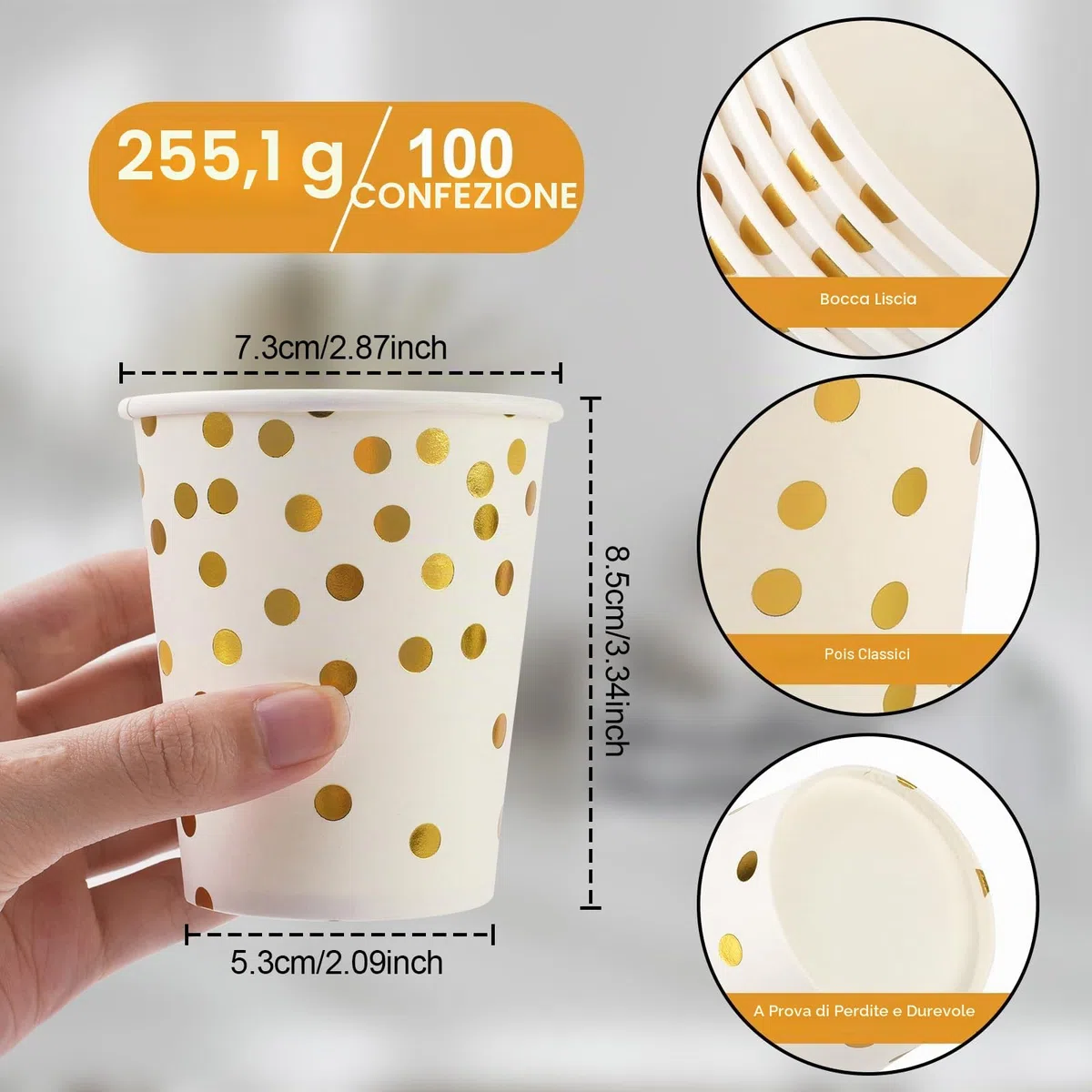 CEILIWEN Confezione da 100 bicchieri di carta da festa in oro nero, 9 oz/250 ml, per bevande calde e fredde (bianco-oro)