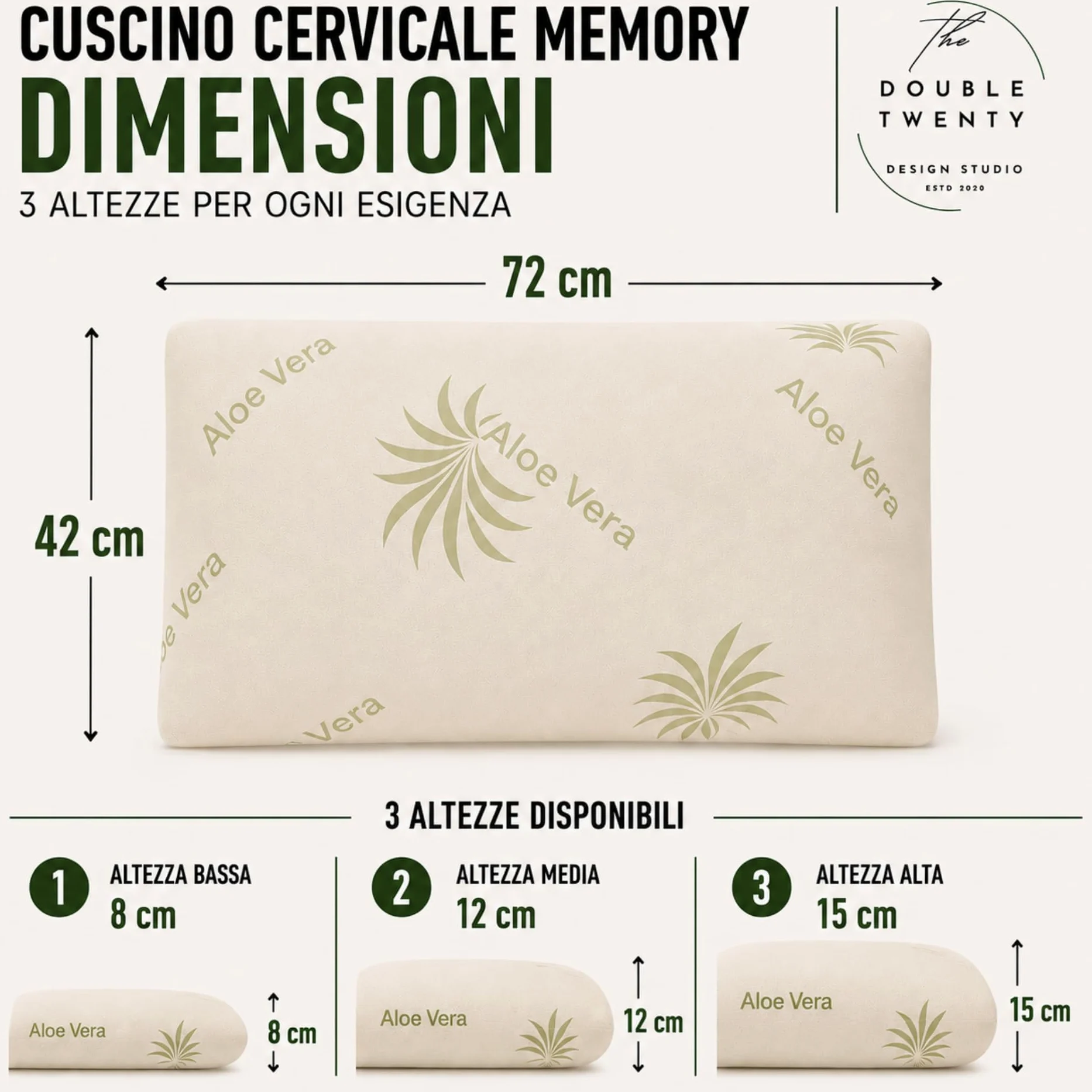 The Double Twenty | Cuscino Memory Foam BASSO 8 cm – Supporto Cervicale Ergonomico ad Alta Densità (Sostegno Deciso) – Modello Saponetta con Federa Aloe Vera – Ideale per Bambini e Posizione Supina
