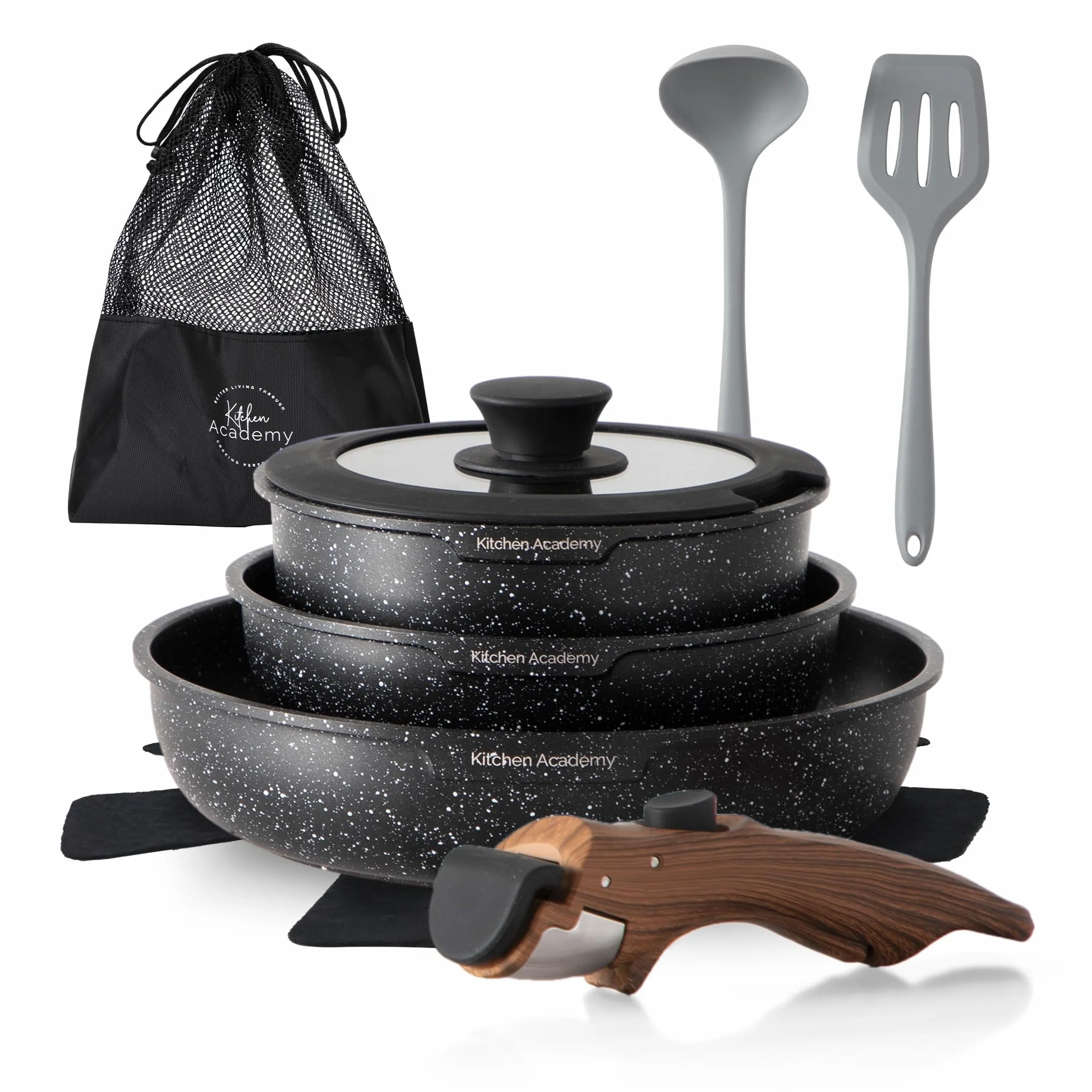 Kitchen Academy Set di pentole da 10 pezzi, Set di pentole e padelle con coperchi in vetro, Rivestimento in marmo, Rivestimento antiaderente, Adatto all'induzione, Manico liscio venato (Nero)