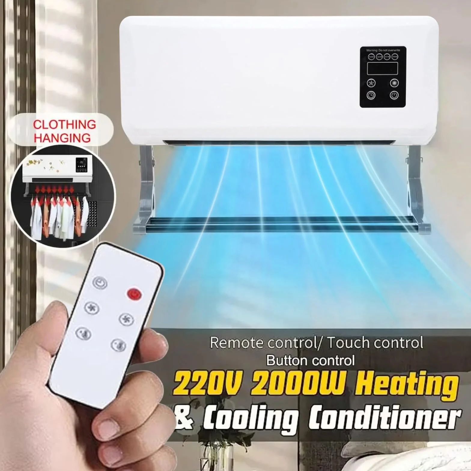 Aria condizionata,Clim Portatile,Clim Con Telecomando,Condizionatore a Parete Reversibile Split,Condizionatore Senza Unità Esterne,Ventilatore Di Raffreddamento Per Cucina,Camera da letto (Bianco)