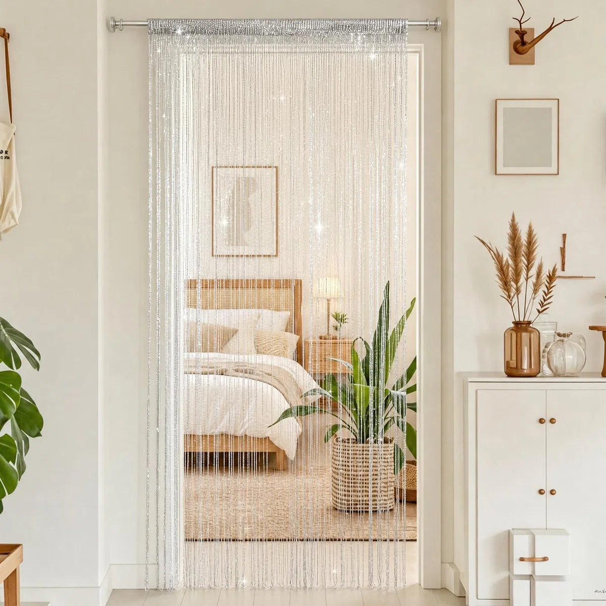 4 Tende a Fili per Porta, 100x200 cm Tende a Filo per Interni, Tenda Porta con Brillantini, Decorazione per Finestre, Divisori, per Matrimoni, Feste (bianco)