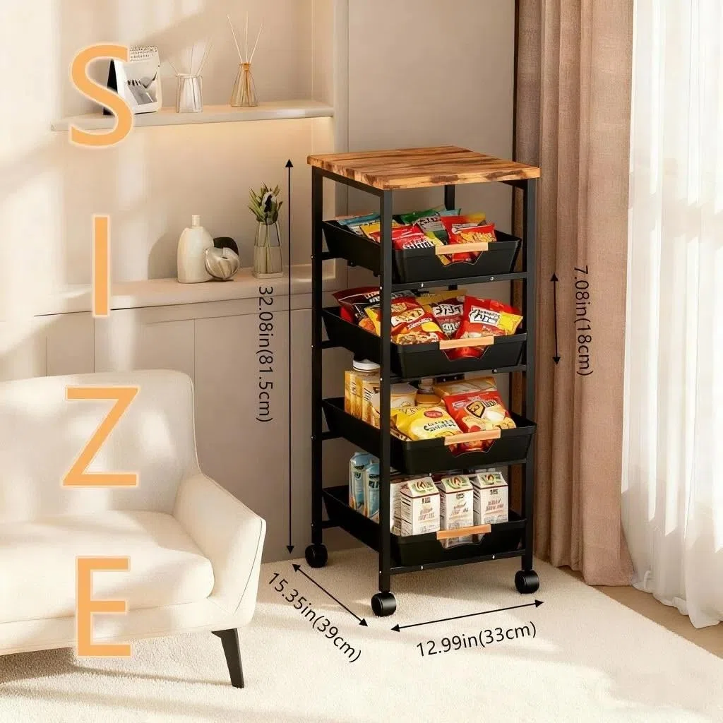 Carrello multiuso a 5 ripiani con piano e cassetti in legno, struttura in metallo con ruote, per cucina, bagno, soggiorno, ufficio