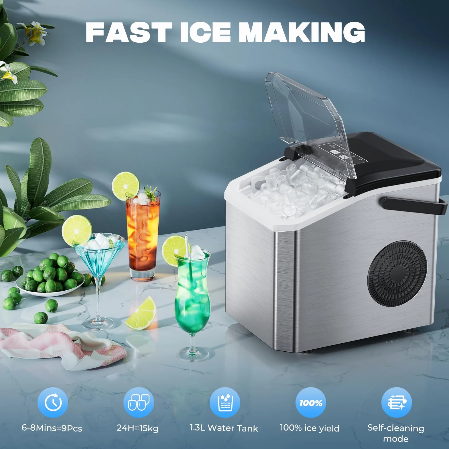 Fabbricatore di Ghiaccio 15kg/24h, 9 Cubetti in 6 Min, Macchina Ghiaccio Portatile con Maniglia e Pulizia Automatica, 2 Dimensioni Cubetti a Proiettile, per Cucina, Campeggio, Casa, Festa - Nero/Inox