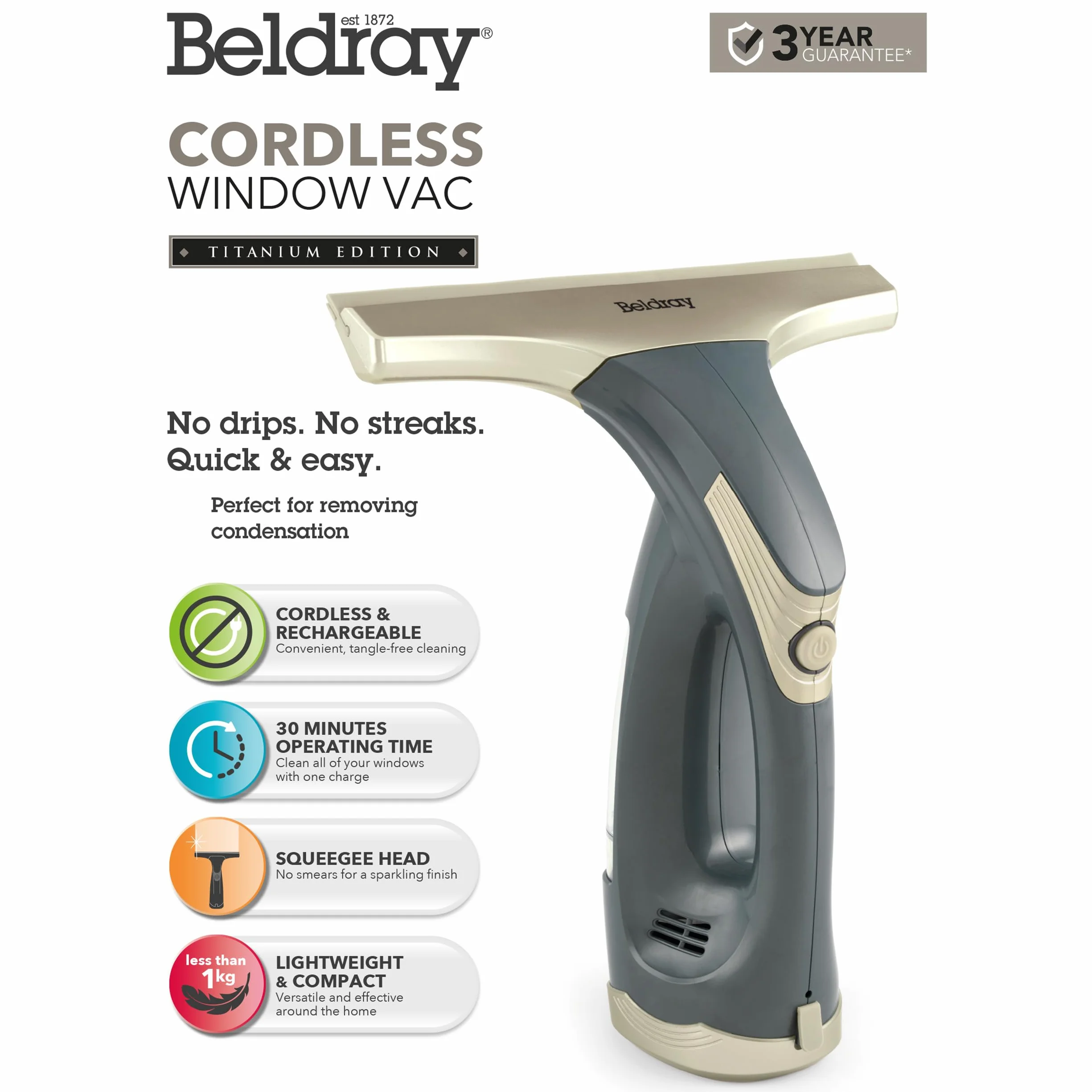 Beldray Titanium Aspirapolvere per vetri senza fili – Pulitore per vetri portatile con testa a tergivetro, serbatoio da 60 ml, autonomia di 30 minuti, ricaricabile e leggero