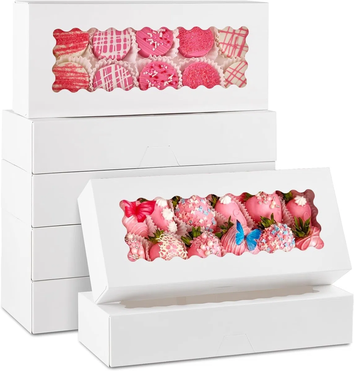 KAHEIGN 24 Pezzi Scatole per Biscotti con Finestra, 32CM x 14CM x 6.5CM Grandi Scatole Bianche per Pasticceria Quadrate Scatole per Dolcetti Torte Ciambelle Cioccolato Ricoperte Fragole Muffin Torte