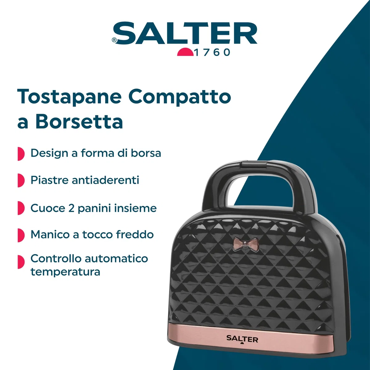 Salter Tostiera elettrica a 2 panini – Tostapane a forma di borsa con piastre antiaderenti profonde, controllo automatico della temperatura, manico a tocco freddo, 750 W