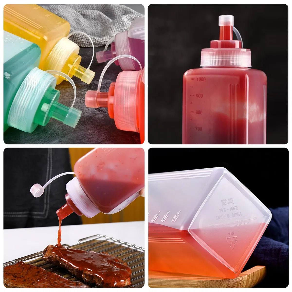 BORDEAG 4 bottiglie da spremere, bottiglia da 1000 ml con tappi, spremere Condiment, bottiglie vuote di plastica, bottiglie a spruzzo, salsa per ketchup, salsa, piccante, olio d'oliva