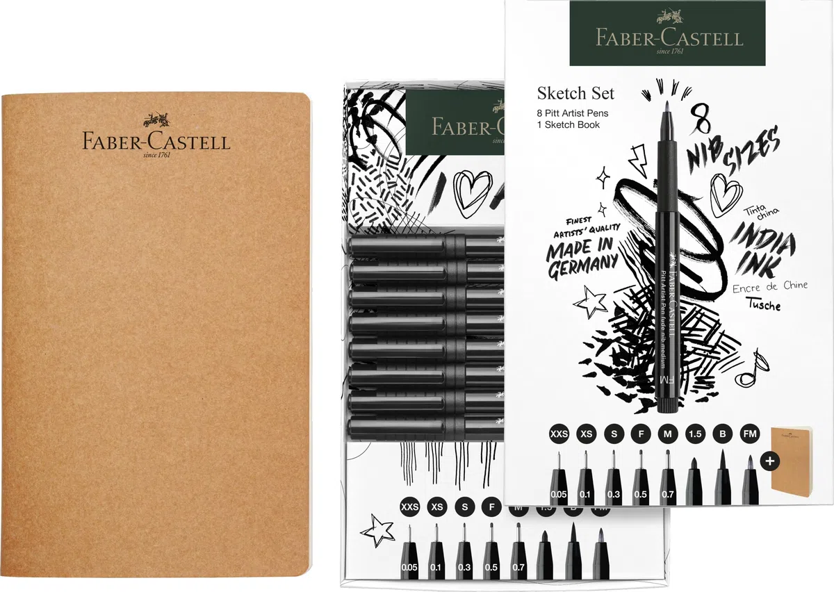 Faber-Castell 267102 - Set da disegno da 9 pezzi, con album da disegno e penne a inchiostro Pitt Artist Pen