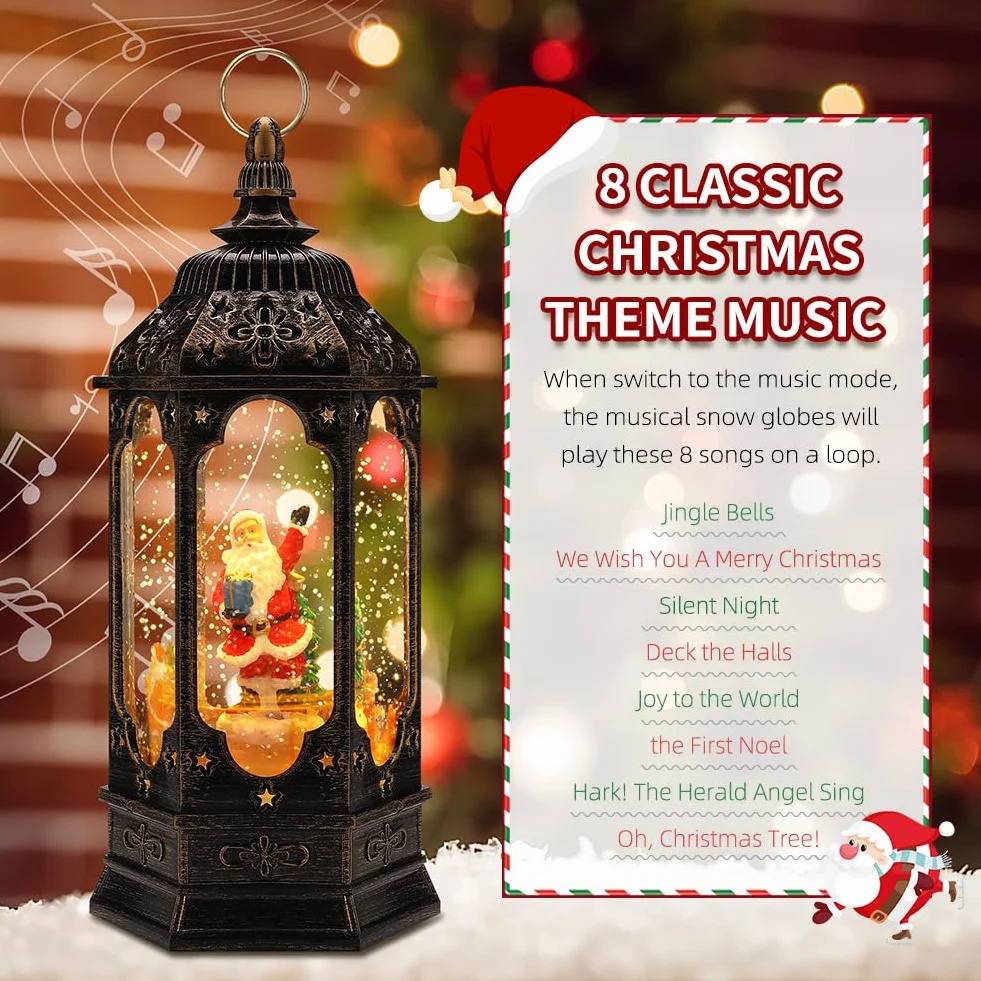 Christmas Lantern,LED Music Lantern with Christmas Snow Globe,Christmas Lantern Retro Christmas Decorations Home Decoration,USB Socket or Battery Powered...
