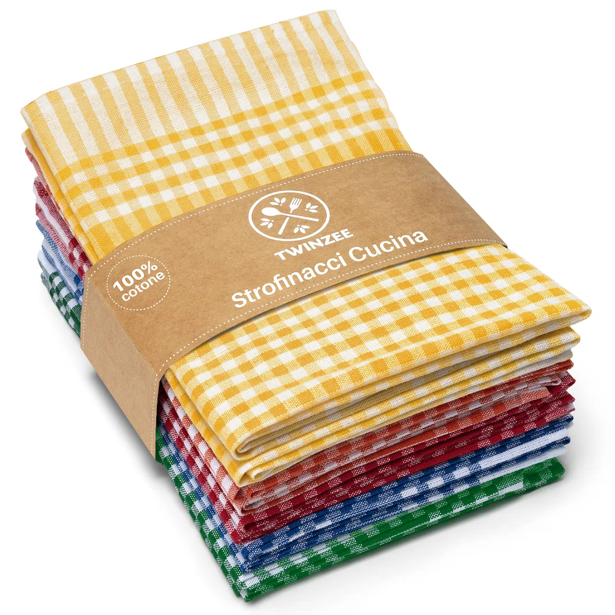 Twinzee Strofinacci Cucina Cotone (Set da 10) Quadretti - 100% Cotone - 47 x 67 cm - design retrò - Asciuga Piatti e Mani - 2 Blu, 2 Rosso, 2 Verde, 2 Arancione, 2 Giallo