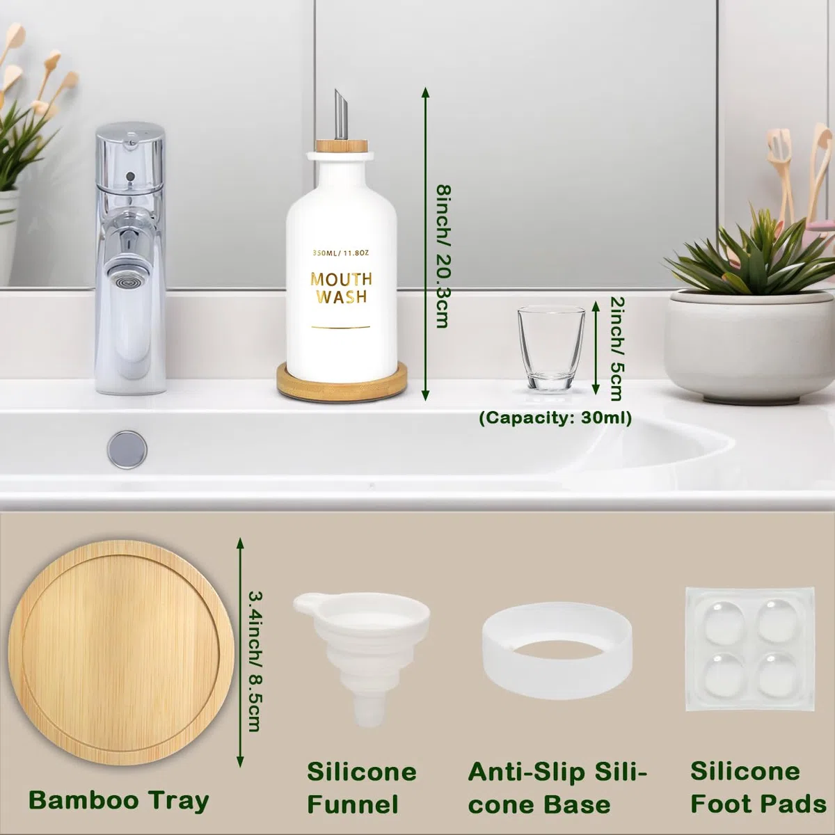 Dispenser per collutorio da bagno 334,5 g, bottiglia di collutorio in vetro con tazza e vassoio in bambù, scritta dorata stampata a caldo, accessorio da bancone in stile nordico, accessori da bagno