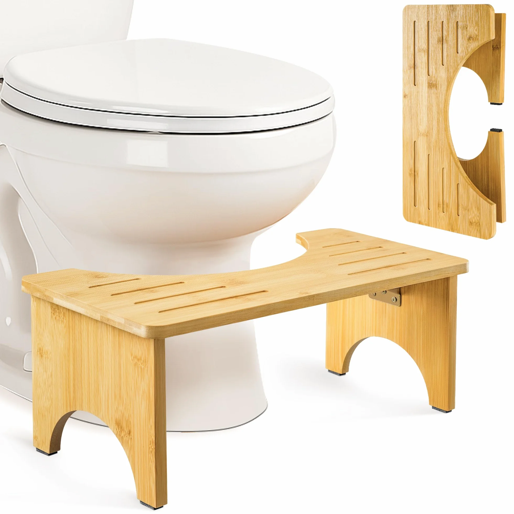 Sgabello da Toilette Pieghevole per Adulti in Legno di Bambù, Sgabello WC Ergonomico per Bagno - Per Emorroidi, Stitichezza e Gonfiore