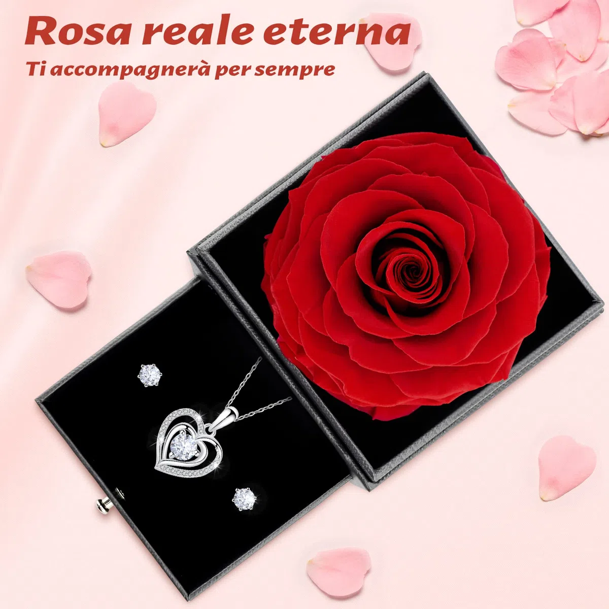 Sunia Festa della Mamma Idee Regalo, Vera Rosa Eterna con Collana Argento 925 Donna con e Orecchini, Rosa Stabilizzata Vera, Regalo Mamma Donna Compleanno, Regalo Festa della Mamma