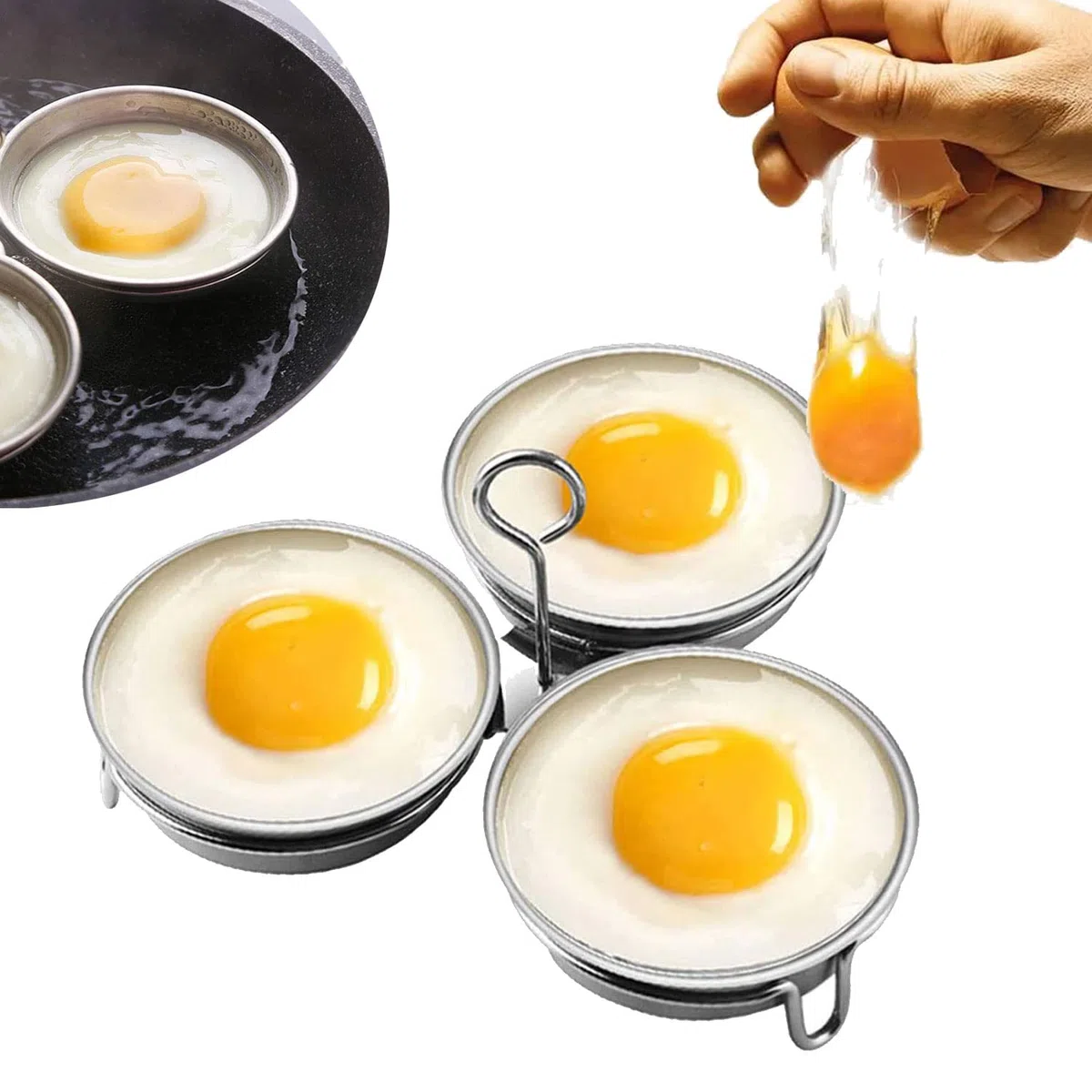 Inserto per uova in camicia in acciaio inossidabile, 3 tazze rimovibili con griglia centrale per pentole, padelle, padelle e pentole a pressione, per cuocere uova in camicia resistente alla