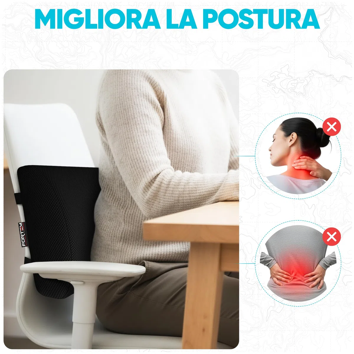 FORTEM Cuscino Lombare Sedia Ufficio, Supporto Lombare Auto, Cuscino Schiena, Schienale Sedia Ufficio Ergonomico in Memory Foam, Fodera Traspirante e Lavabile, Cinghia Regolabile, per Gaming e Lavoro