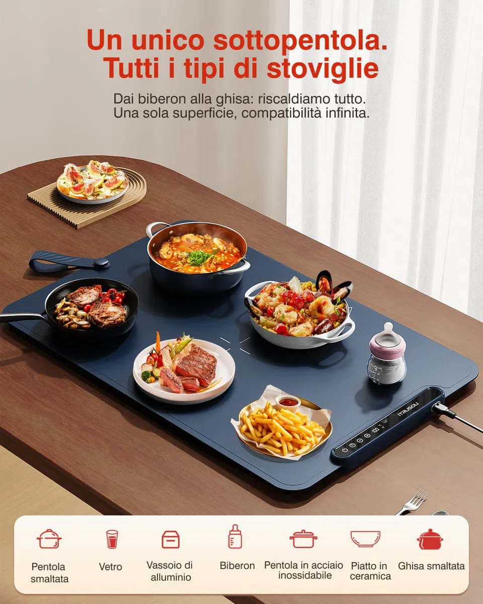 Scaldavivande, vassoio riscaldante, arrotolabile e portatile,Nano-materiale in silicone premium, Piastra Riscaldante per Alimenti iTRUSOU, Tappetino Elettrico con Timer 1-99H, 7 Temperature