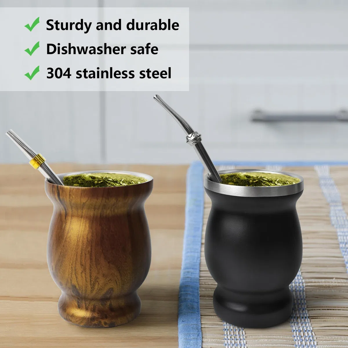 Artcome Set di 8 tazze in acciaio inox per Yerba Mate, 2 tazze da 240 ml in acciaio inox a doppia parete (nero e legno), 4 bombillas (cannuccia Yerba Mate), 2 spazzole, facili da pulire, solide e