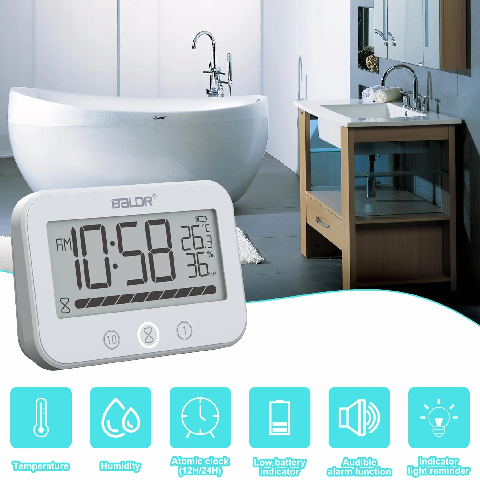 Orologio da Bagno Digitale, Orologio da Doccia Impermeabile IP54 con Temperatura e Umidità, Conto alla Rovescia da 99 Minuti con Allarme, Ampio Timer LCD con 2 Ganci Adesivi e 2 Ventose