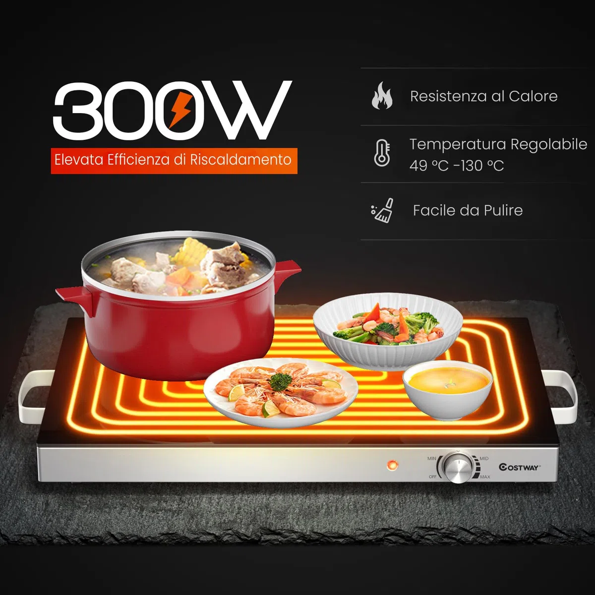 COSTWAY Vassoio Scaldavivande Elettrico, Vassoio Riscaldante in Acciaio Inox con Piano in Vetro Resistente alle Alte Temperature, Maniglie Antiscottatura, per Casa e Festa
