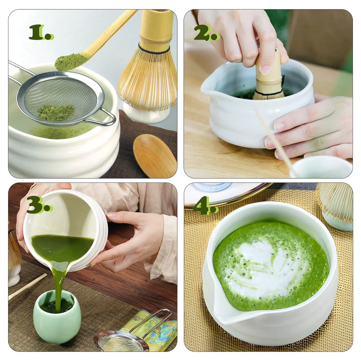 Set Matcha da 7 Pezzi in Stile Giapponese – Kit per la Cerimonia del Tè con Frusta in Bambù, Ciotola da 500ml, Cucchiai, Setaccio, Supporto per Frusta e Panno – Accessori Completi per Matcha (Bianco)