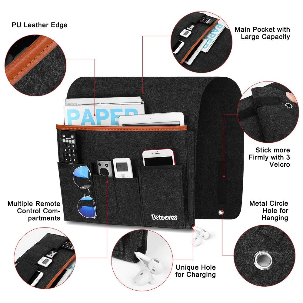Organizer per Bracciolo Divano, Portaoggetti da Appendere per Letto o Divano con 6 Tasca, Organizzatore Divano per iPad, Tavoletta, Riviste, Cellulare, Occhiali, Matita - Grigio Scuro