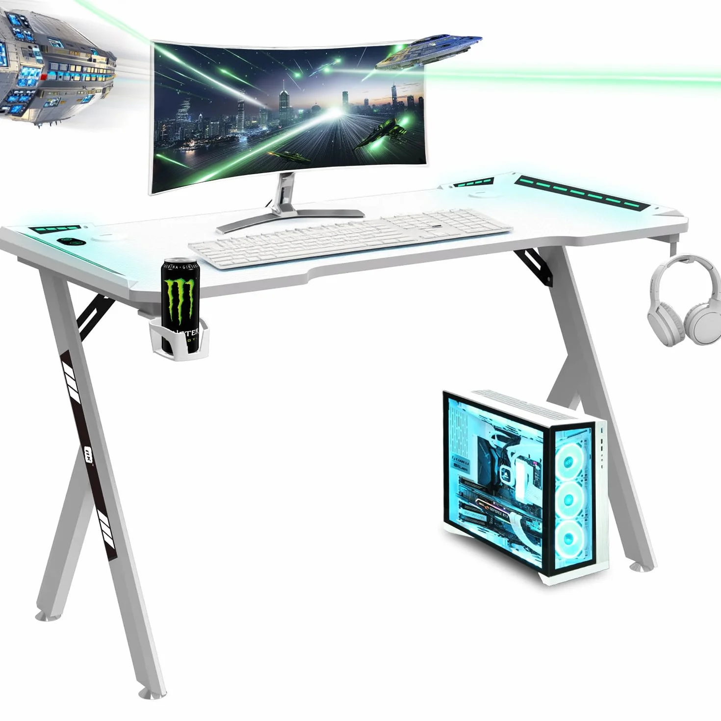 NK Scrivania Gaming LED Ergonomica (120X60cm) - Portabicchieri e Bottiglie, Supporto per Cuffie, Gestione dei Cavi, Scrivania Gaming, Tavolo 1.5cm (Resistenza) Peso Massimo Supportato 100kg - Bianco