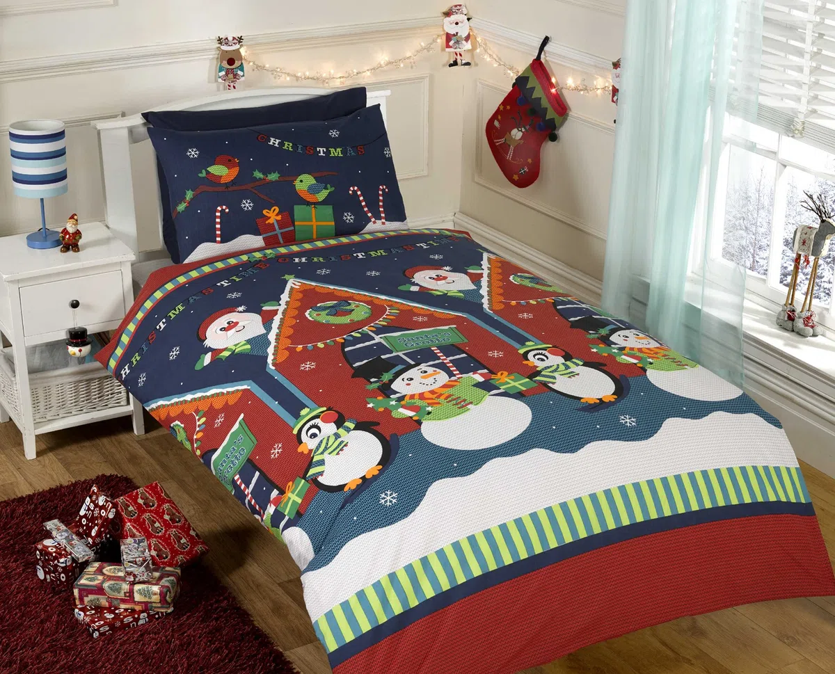 Father Christmas Set di Biancheria da Letto, Trapunta Copripiumino e Federa, Disegno: Babbo Natale, Pupazzi di Neve e Pinguini, Colore: Multicolore, Multi-Colour, 2 pezzi, Singolo