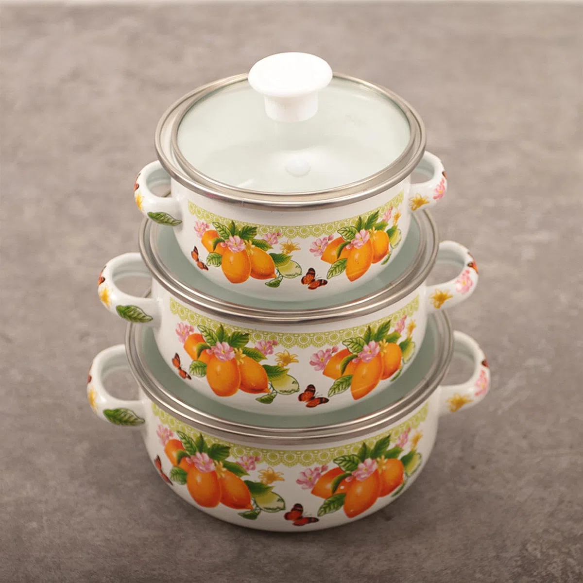 Milageto 3 pezzi di pentola smaltata con coperchio, pentola smaltata, pentole a doppio manico, design vintage, pentole per zuppa, per cucina, sala da pranzo, Limone