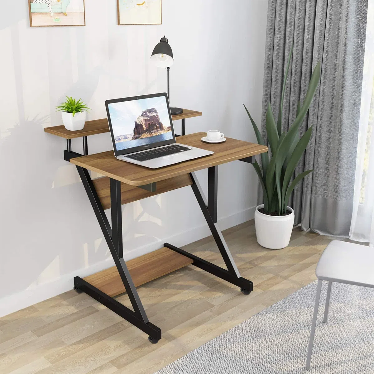 Dripex Scrivania per Computer con Ruote Scrivania 70x60x79 cm Tavolo Porta PC Salvaspazio Z-Tavolo Mobile per Laptop con Ripiani per Piccoli Spazi Home Office (Marrone)