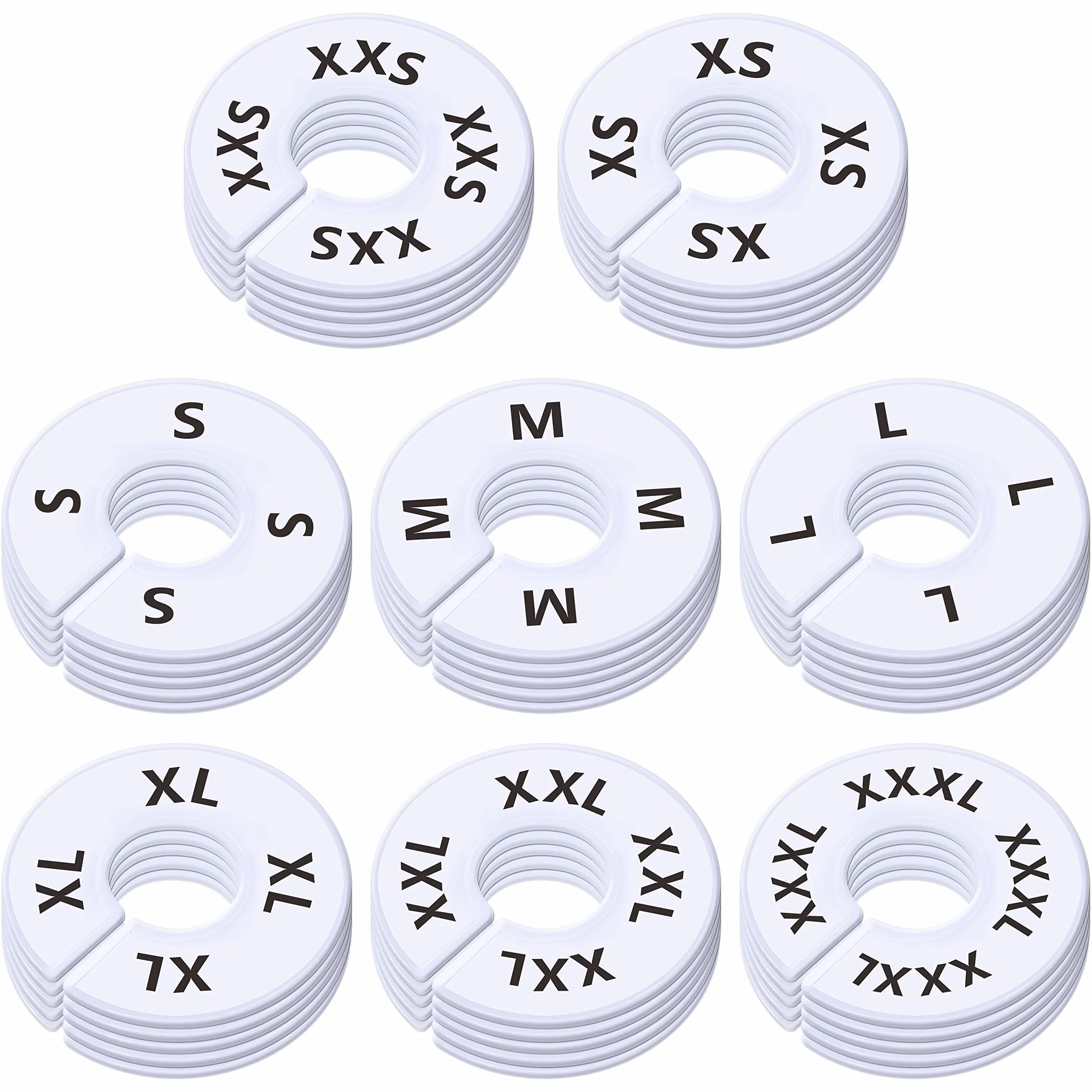 40 pezzi divisori rotondi in plastica bianca per armadio, prestampati in 8 taglie XXS, XS, S, M, L, XL, XXL, XXXL (esterno 9 cm, diametro interno 3,5 cm)