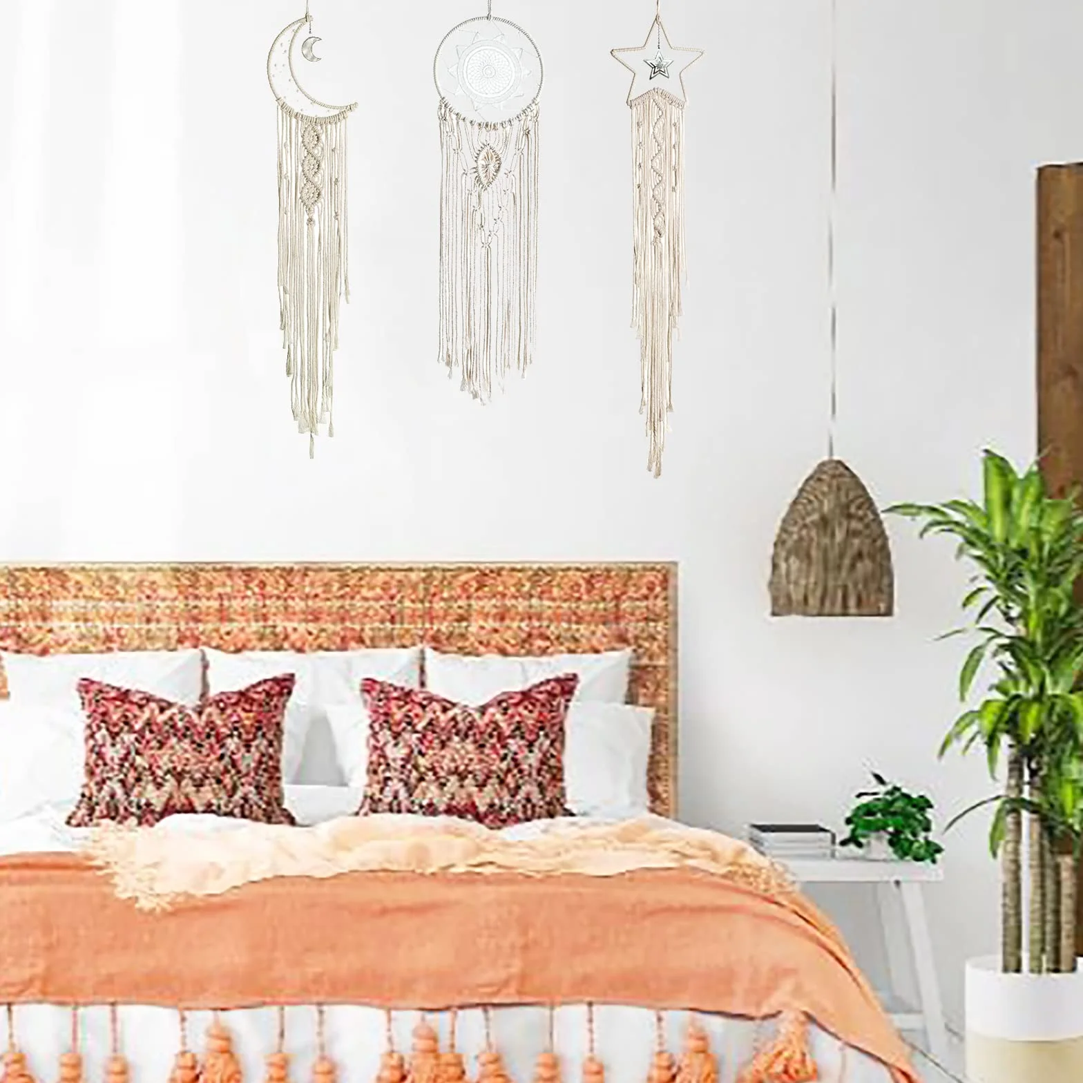 3 Pezzi Macramé Boho Acchiappasogni Decorazione della Parete Sole e Luna e Stella Arazzo Intrecciato Bohemian Chic Wall Art Decor per Casa Regalo Ragazza