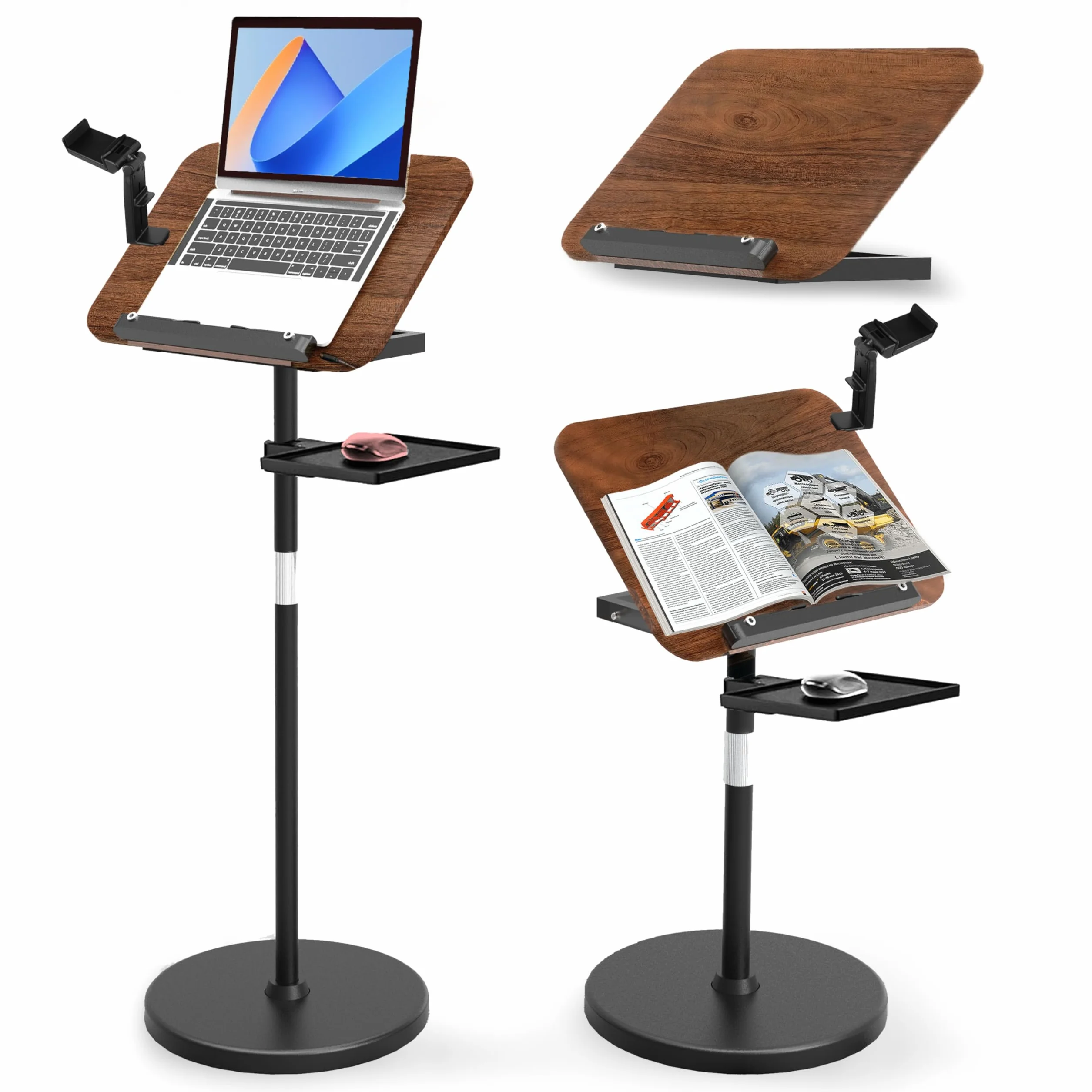 Leggio regolabile 2 in 1 per la lettura, doppio uso da tavolo e da pavimento, leggio con vassoio e fermapagina elastici per spartiti, ricette, tablet, laptop, altezza regolabile 23,5-52 pollici (Noce)