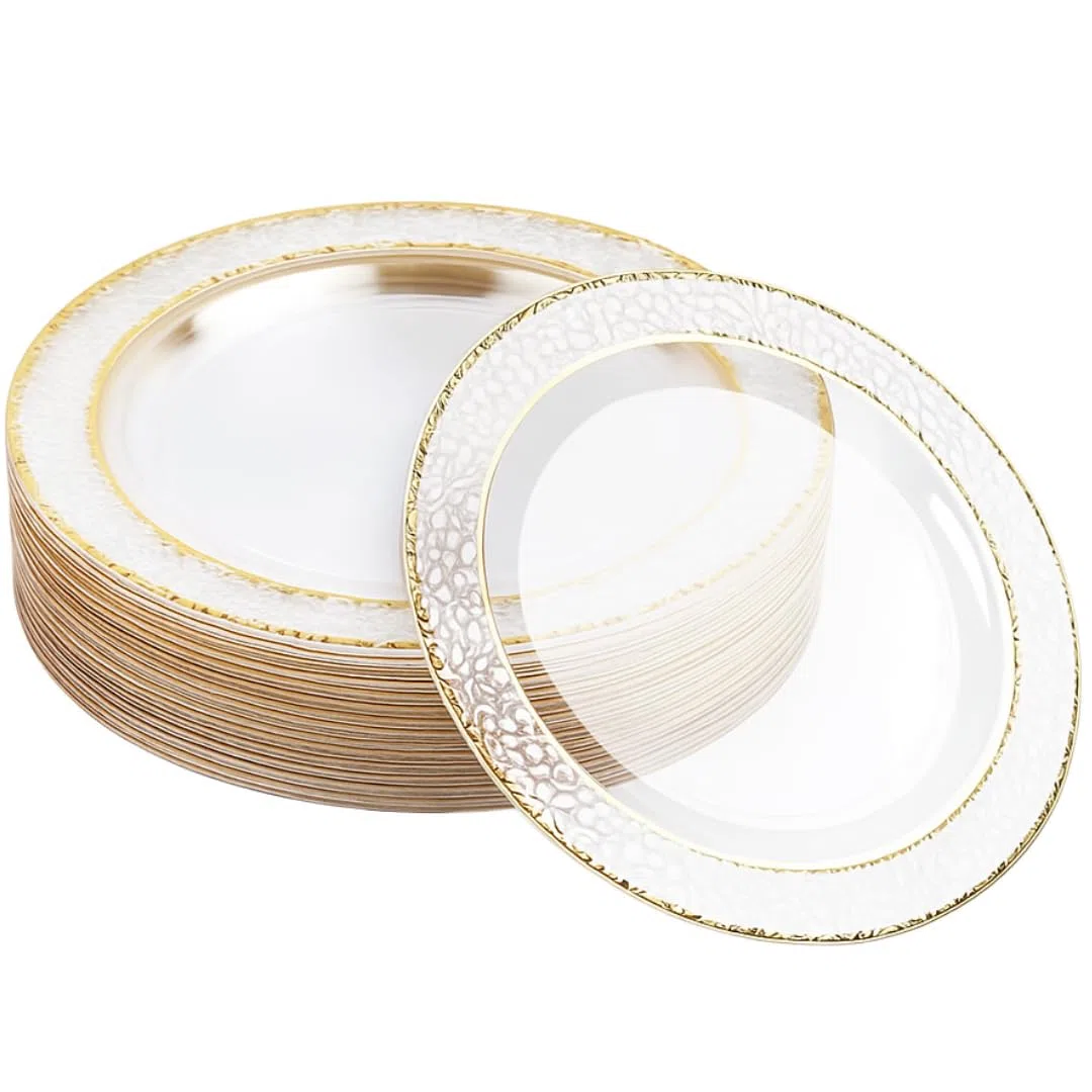 Matana 20 Piatti di Plastica Rigida Trasparente con Bordo Dorato, 26cm - Eleganti, Robusti e Riutilizzabili - Matrimoni, Compleanni, Battesimi, Barbecue, Natale, Feste