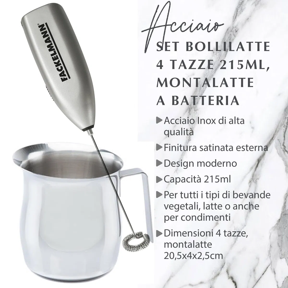 Fackelmann Set Montalatte Portatile e Bollilatte in Acciaio Inox 215ml, Frullino Montacappuccino a Batteria con Frusta Inox per Bevande e Latte Caldo, Versalatte Lavabile in Lavastoviglie