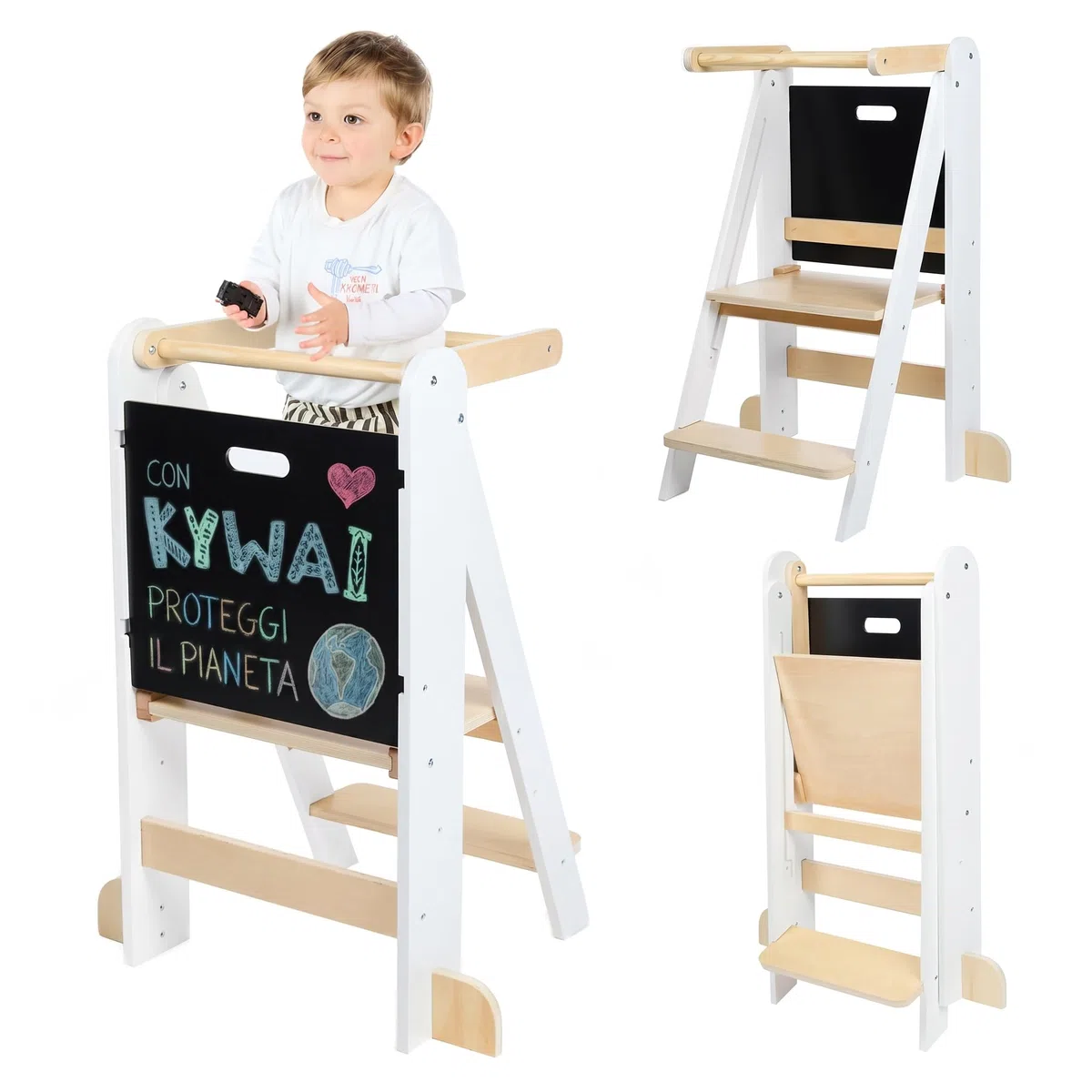 Torre Montessoriana Bambini Premium, Torre Montessoriana Pieghevole con 2 Altezze Regolabili, Lavagna Removibile, Design Nordico Compatto – Marchio Impegnato nella Riforestazione Globale