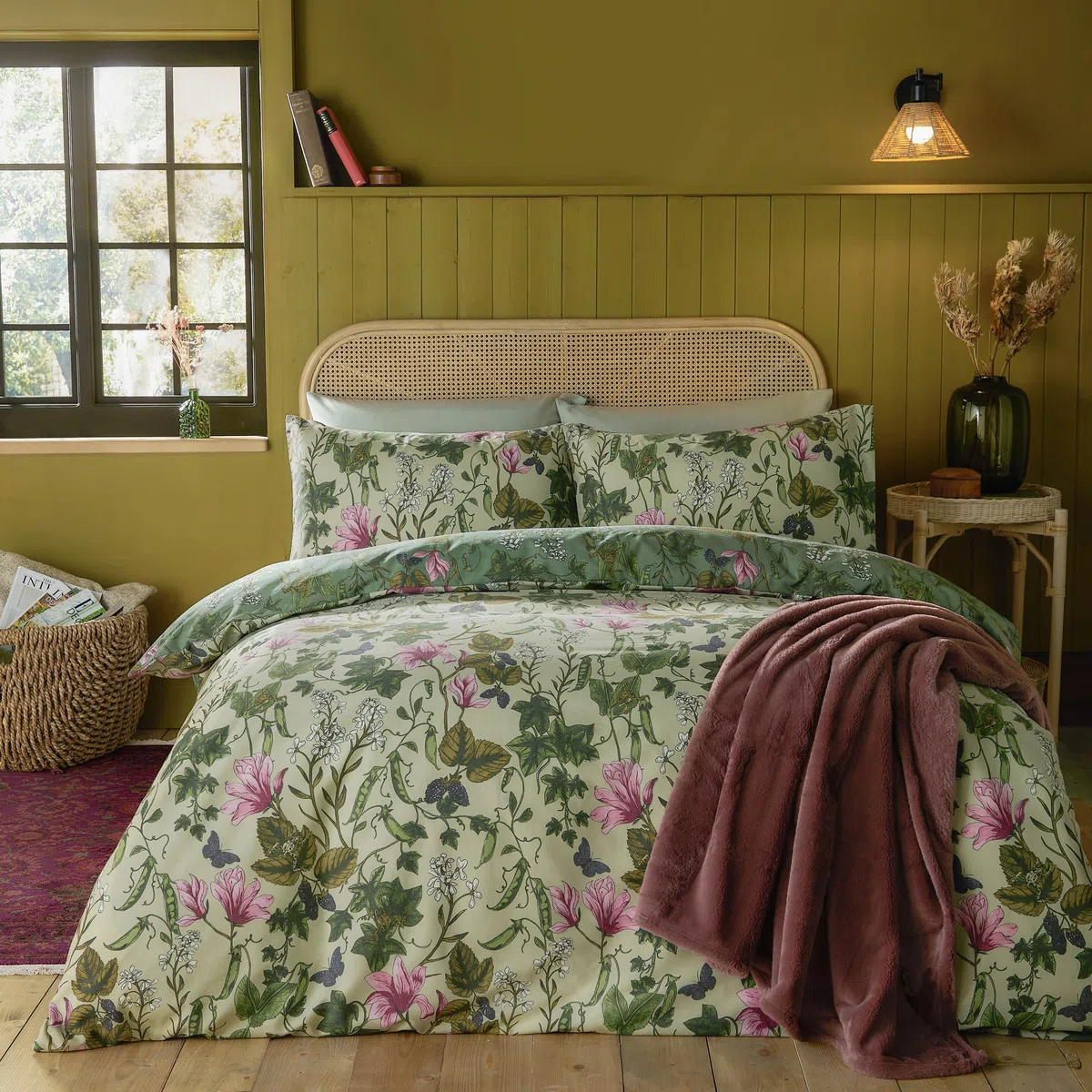 furn. Mystic Berry Set Copripiumino – Reversibile Motivo Floreale Botanico Frutta (Verde – Singolo – 137x200cm)