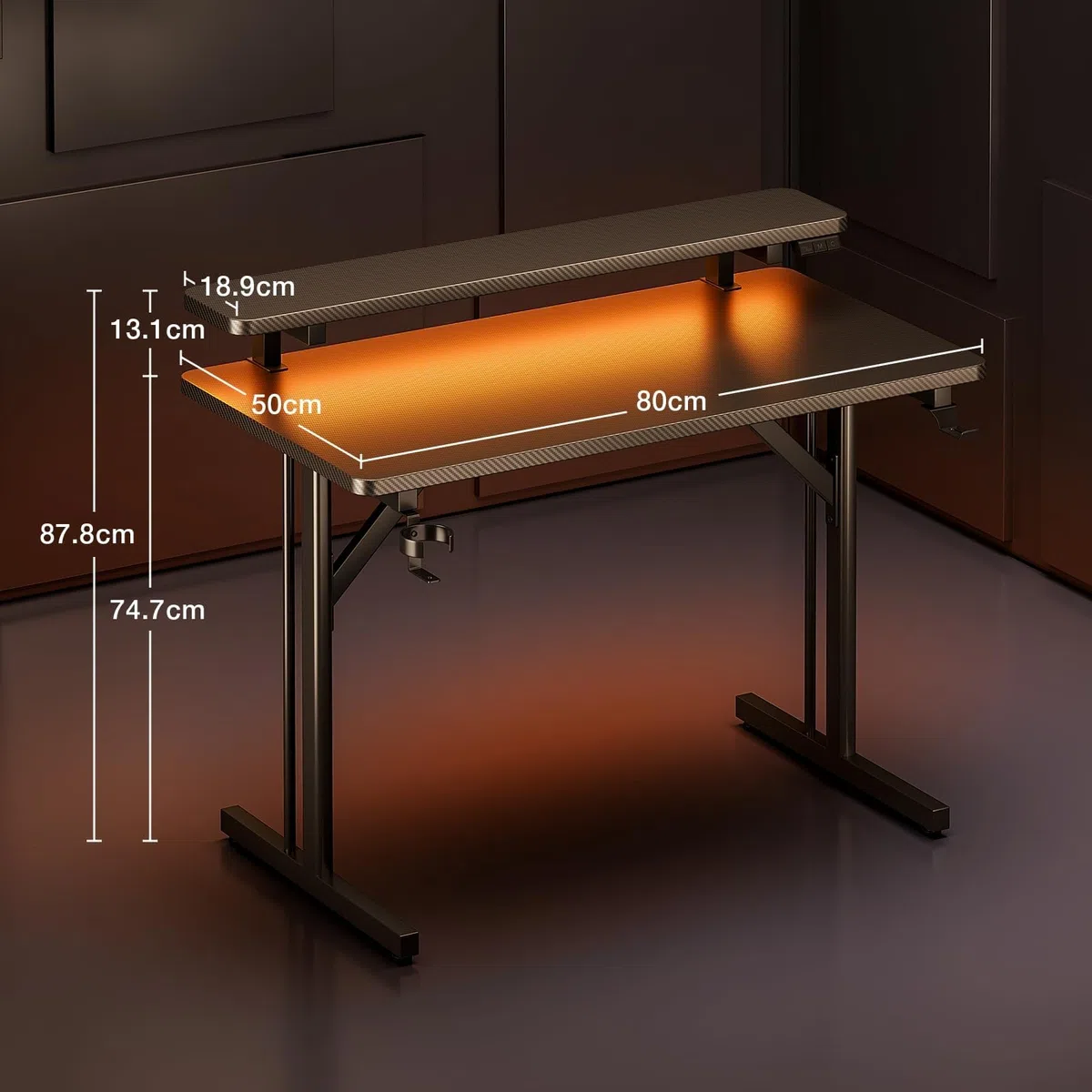 ODK Scrivania Gaming, 80cm Postazione Gaming con Luci LED, Tavolo Gaming con Supporto per Monitor, Scrivania Computer in Fibra di Carbonio Nera