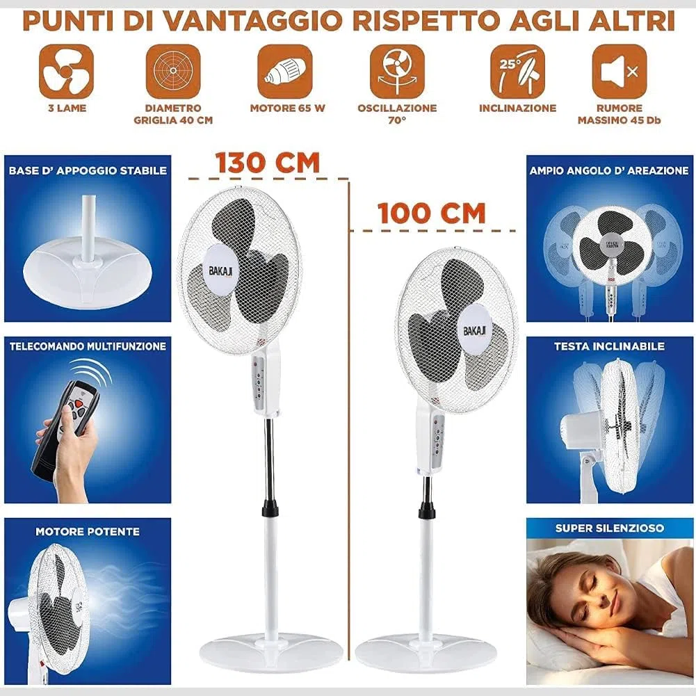 BAKAJI Ventilatore a Piantana con Telecomando, Potenza 50W 3 Velocità, Pale da 40 cm, Altezza ed Inclinazione Regolabile Fino a 130 cm, Funzione Timer, Base Rotonda, Oscillazione Orizzontale (Bianco)