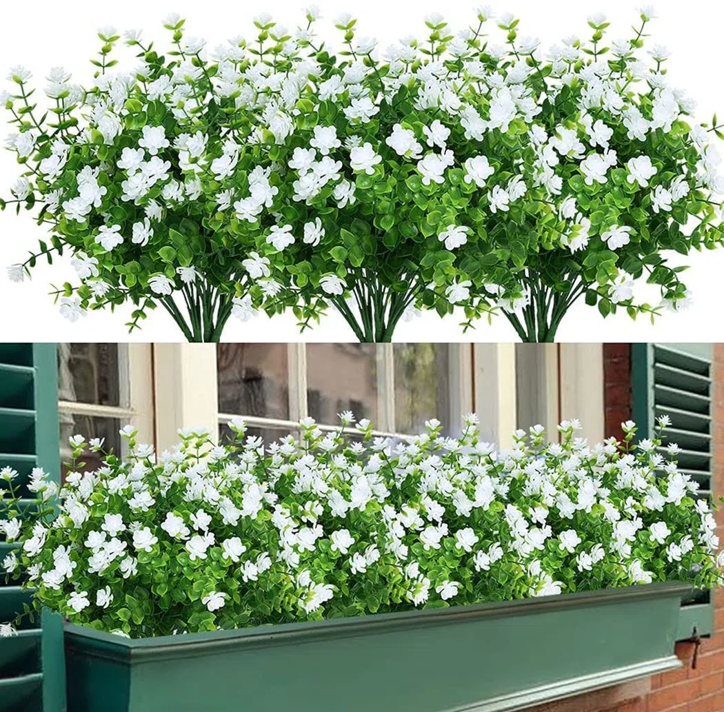 8 Pezzi Fiori Finti Artificiali Arbusti Piante Fiori Artificiali Resistenti ai Raggi UV Arbusti Verdi Artificiali Decorazione per Giardino Finestra Decorazione per Matrimoni Feste (Bianco)
